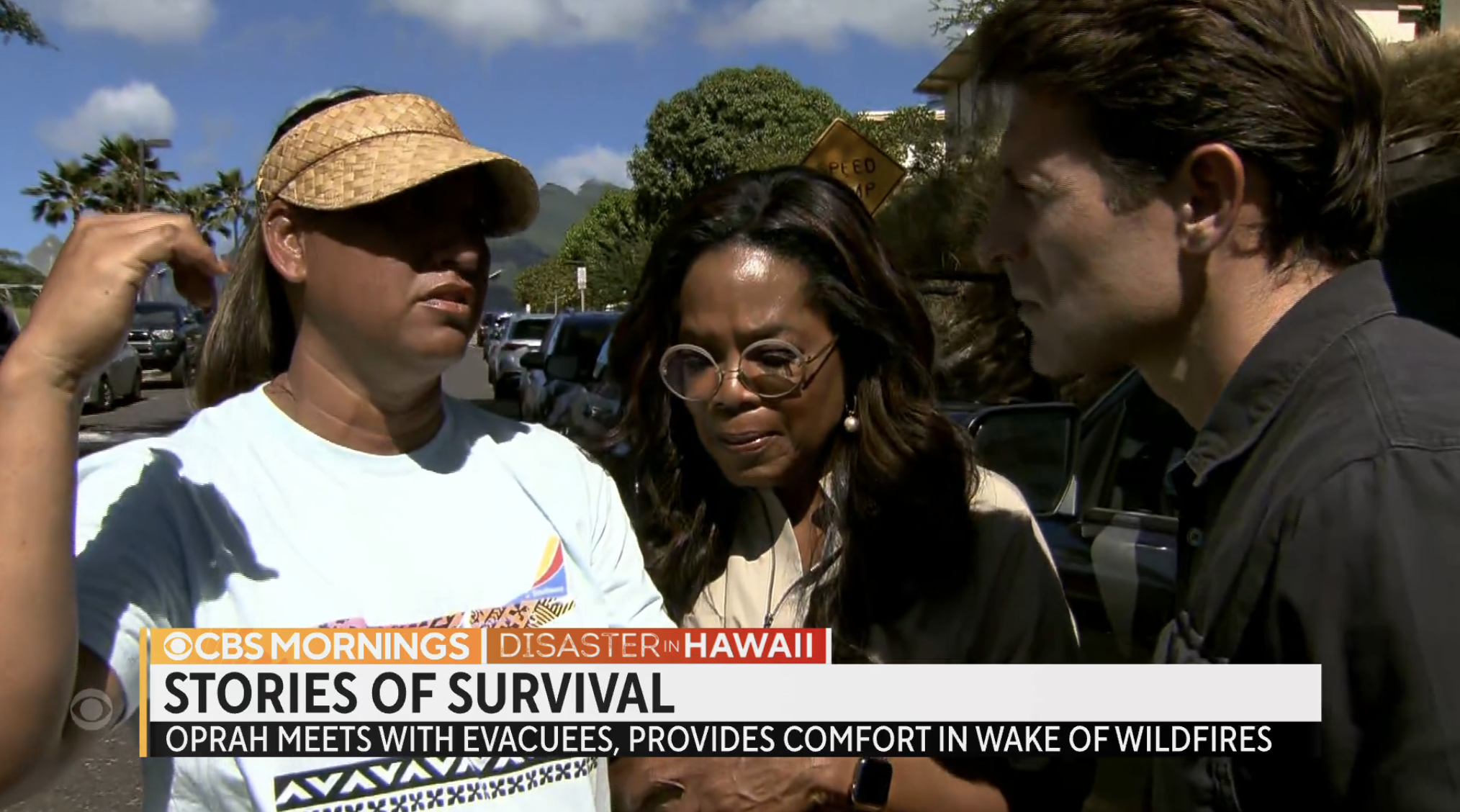 Oprah and CBS News interviewing an evacuee of the Maui wildfires