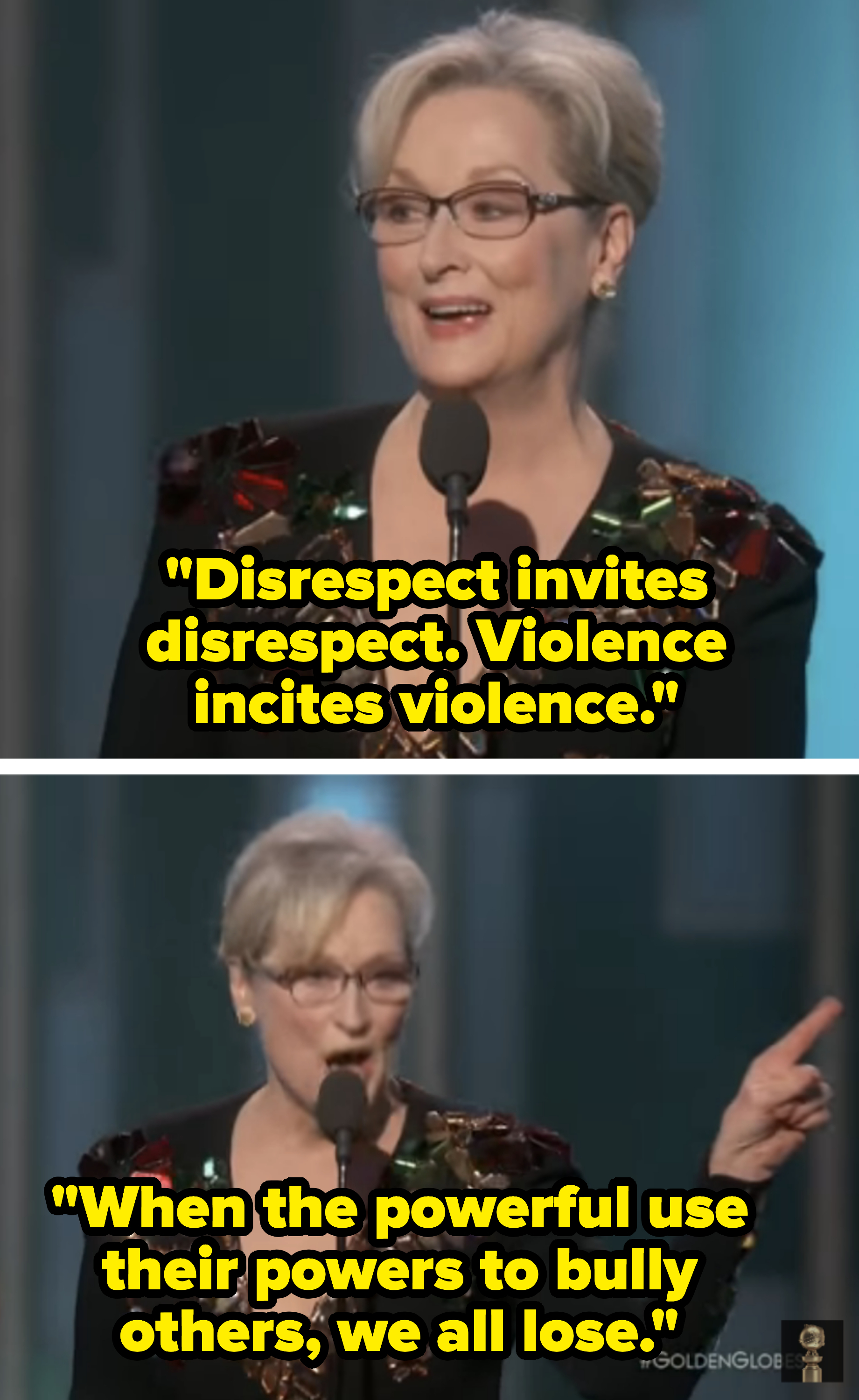 meryl on stage saying, when the powerful use their powers to bully others, we all lose