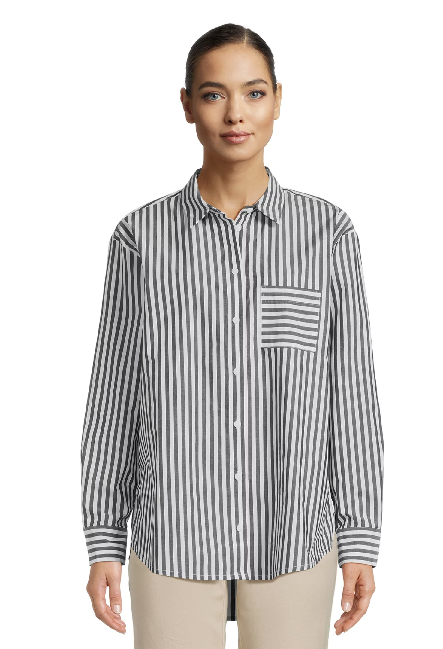 a model wearing the shirt in black and white stripes