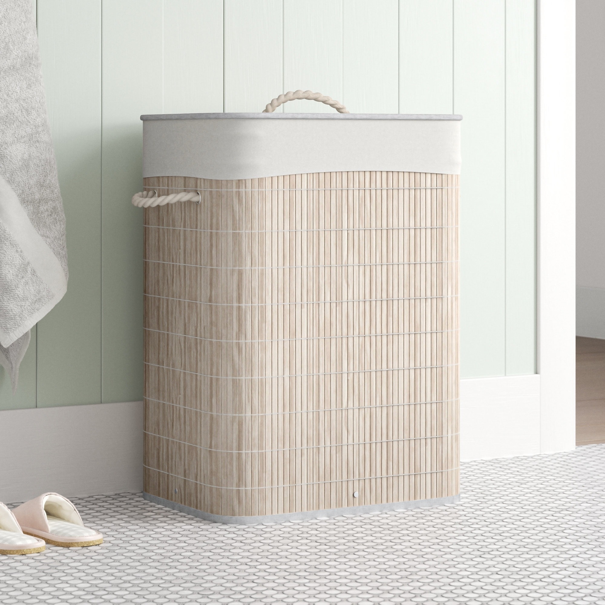 the rectangular hamper with a matching lid in a bathroom