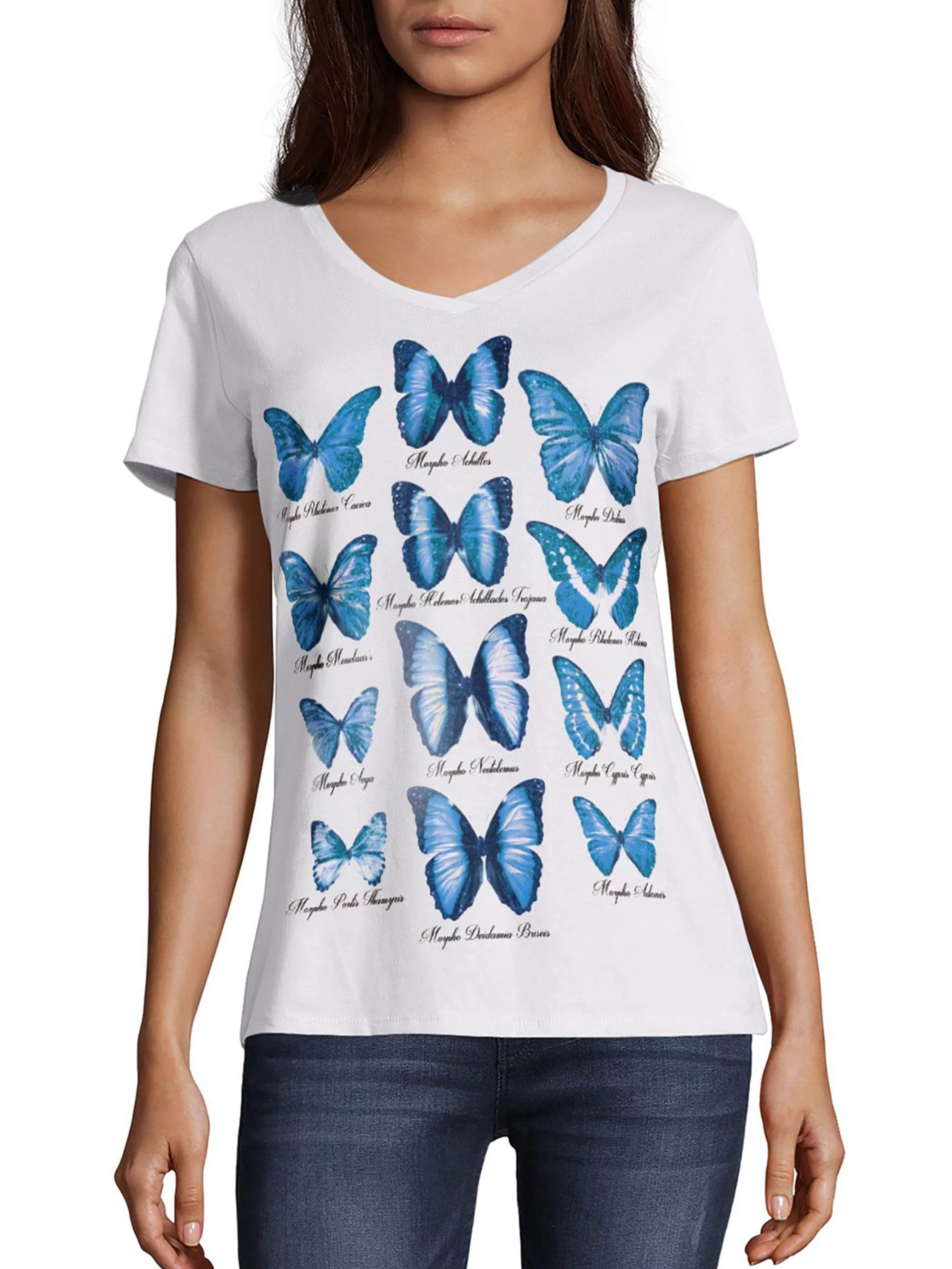 Model wearing the butterfly collection tee