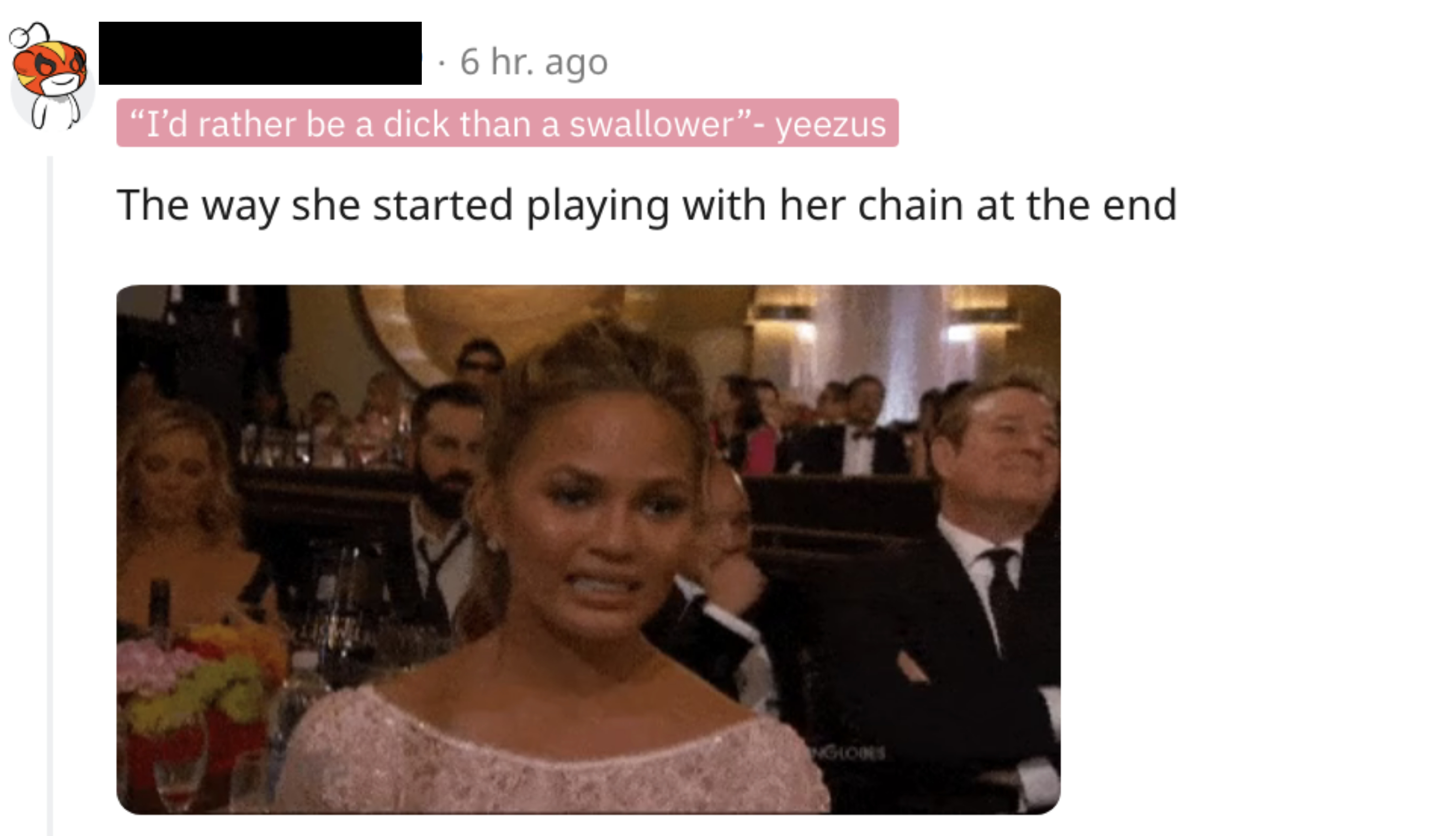 Chrissy Teigen making a cringe face with the caption, &quot;The way she started playing with her chain at the end&quot;
