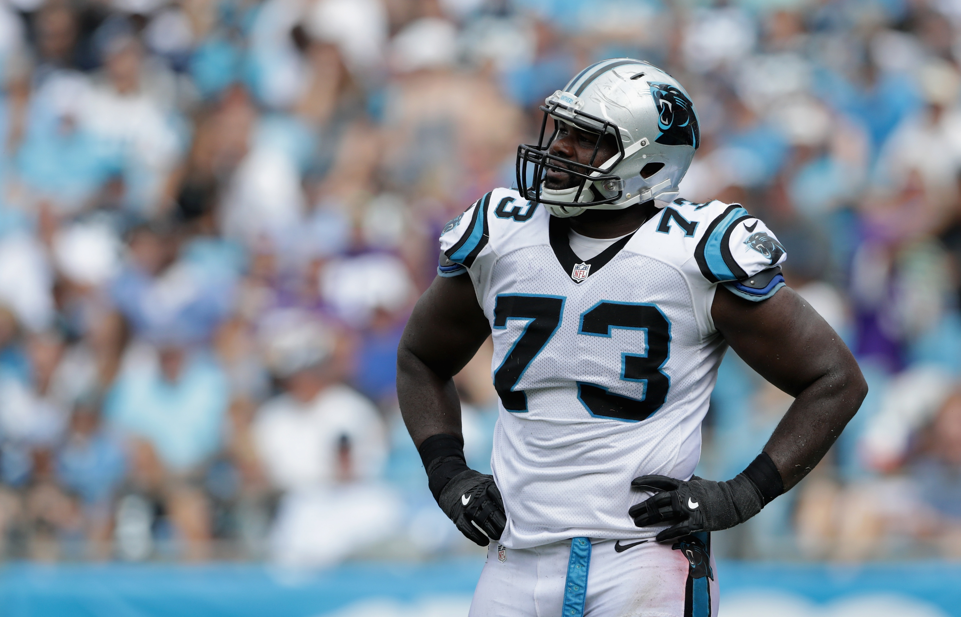 Closeup of Michael Oher on the field