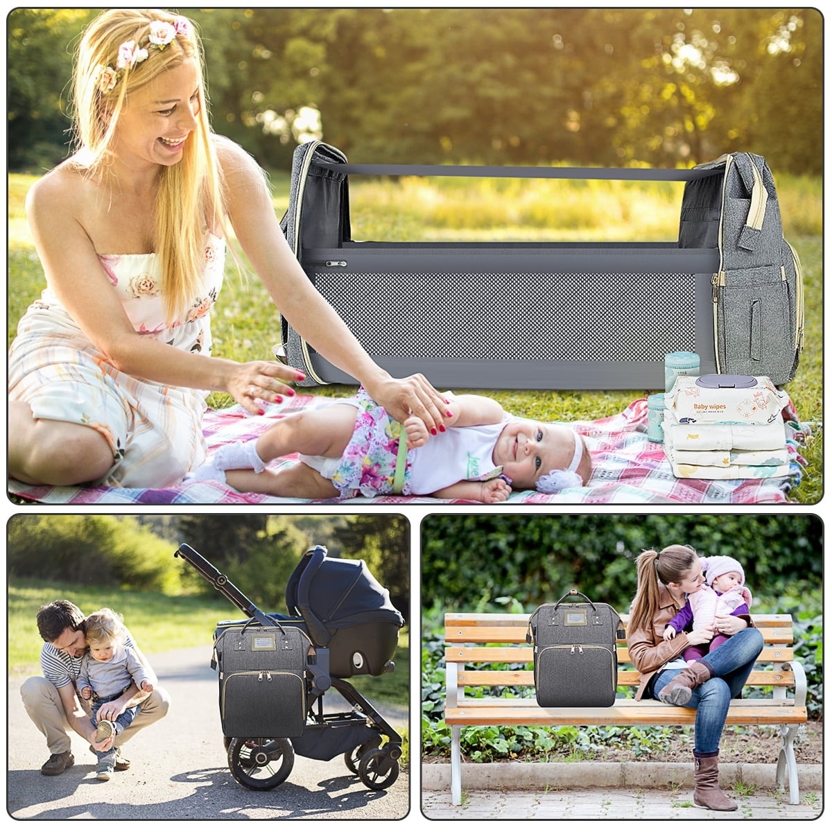 Parents and babies outside with a diaper bag