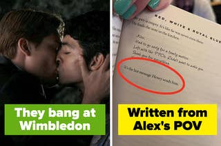 alex and henry in red white and royal blue kissing and a page from the book