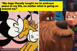 split images both from disney on the right is mickey mouse kissing their dog and on the right a dog from the movie titled the secret life of pets looking into their owners eyes