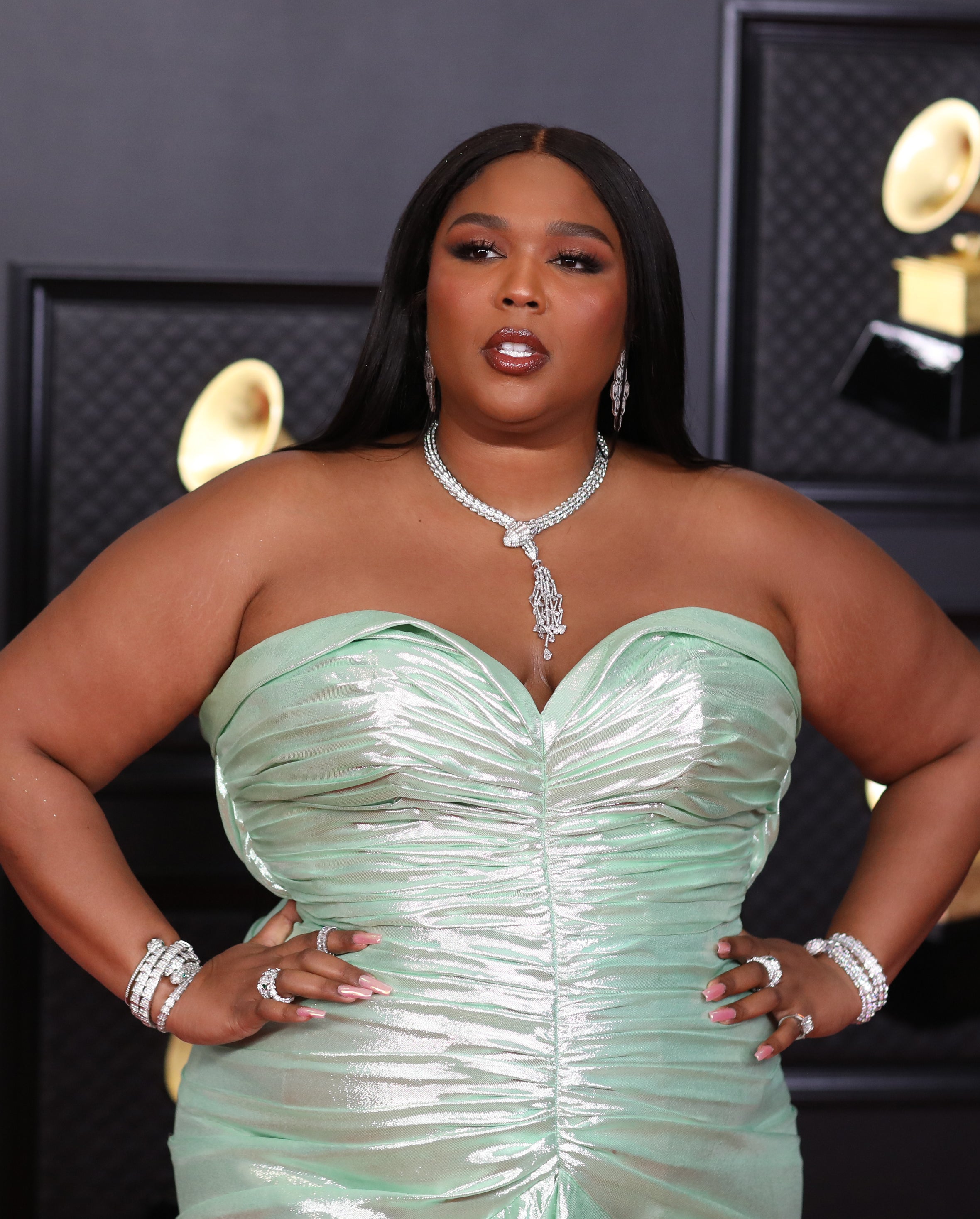 Closeup of Lizzo posing in a strapless ruched dress with a diamond necklace