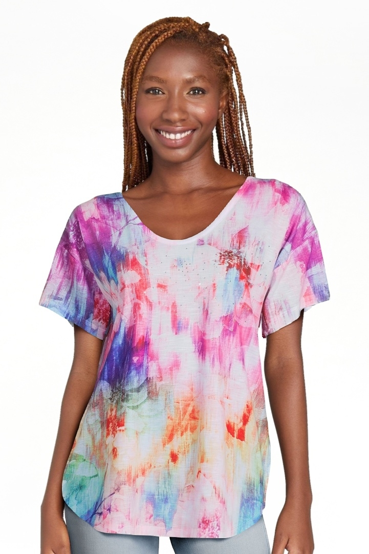 a model wearing the multicolored watercolor inspired shirt