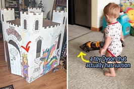 to the left: a cardboard castle that can be drawn on, to the right: a child withy a toy vacuum