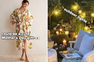 long floral robe, outdoor lights