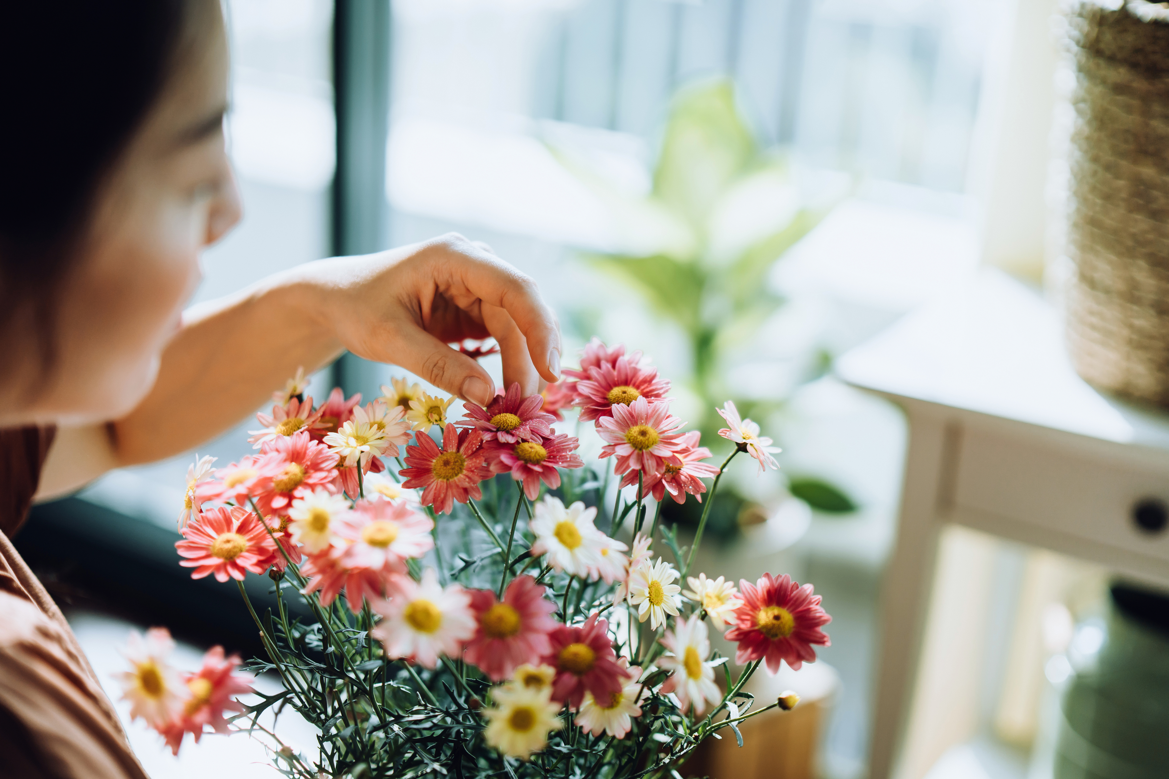 a person touching a bouquet of flowers