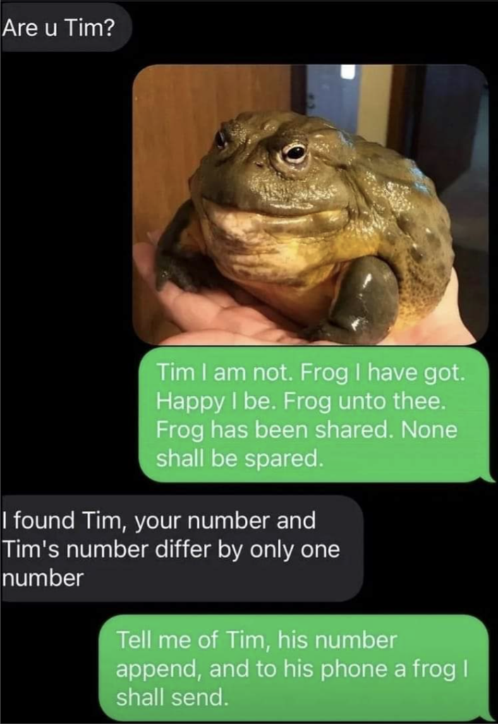 &quot;Are u TIm?&quot; Response: a frog pic and &quot;Tim I am not, frog I have got, happy I be, frog unto thee; frog has been shared, none shall be spared&quot;; &quot;Your no. and Tim&#x27;s differ by only one&quot;; &quot;Tell me of Tim, his no. append, and to his phone a frog I shall send&quot;