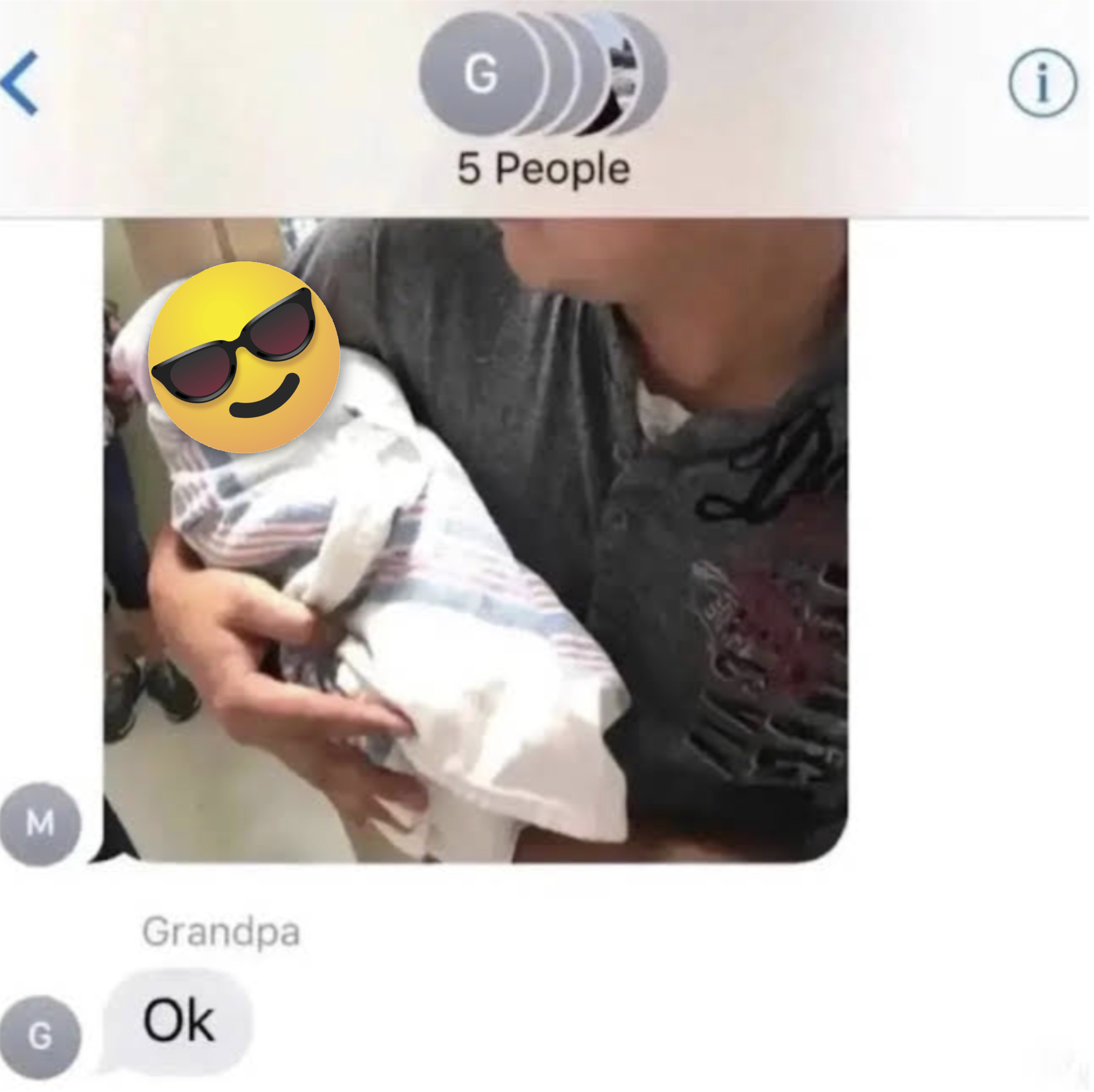 Grandpa's response to photo of swaddled newborn: "Ok"