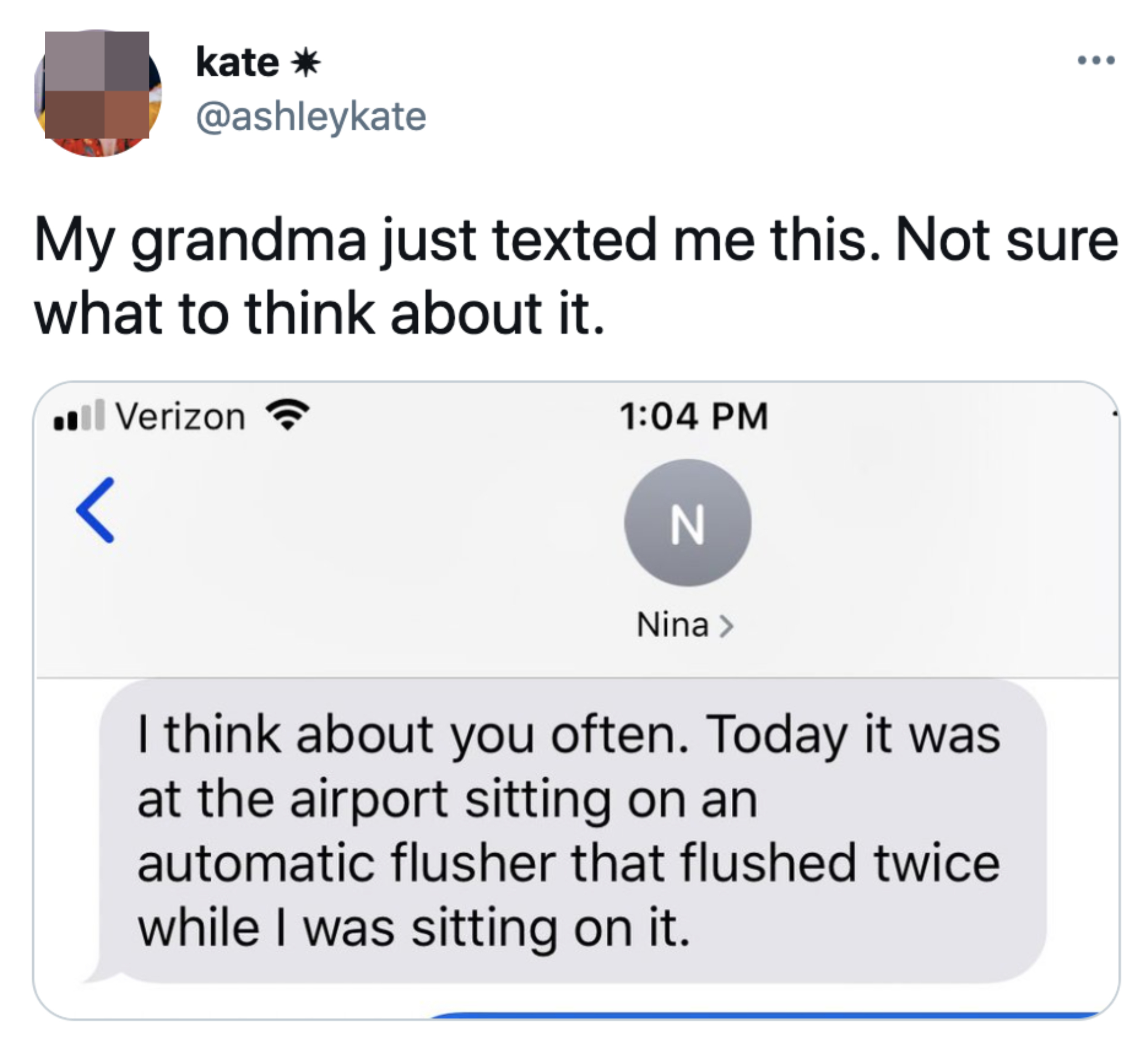 Text message from a grandmother: "I think about you often; today it was at the airport sitting on an automatic flusher that flushed twice while I was sitting on it"