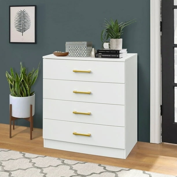 white four-drawer dresser with gold-tone drawer pulls