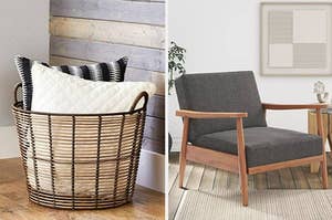 on left: brown storage basket with pillows in room corner. on right: gray and wood armchair