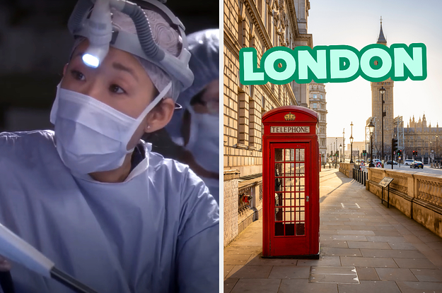 On the left, Cristina Yang from Grey's Anatomy performing a surgery, and on the right, a phone booth and Big Ben in London