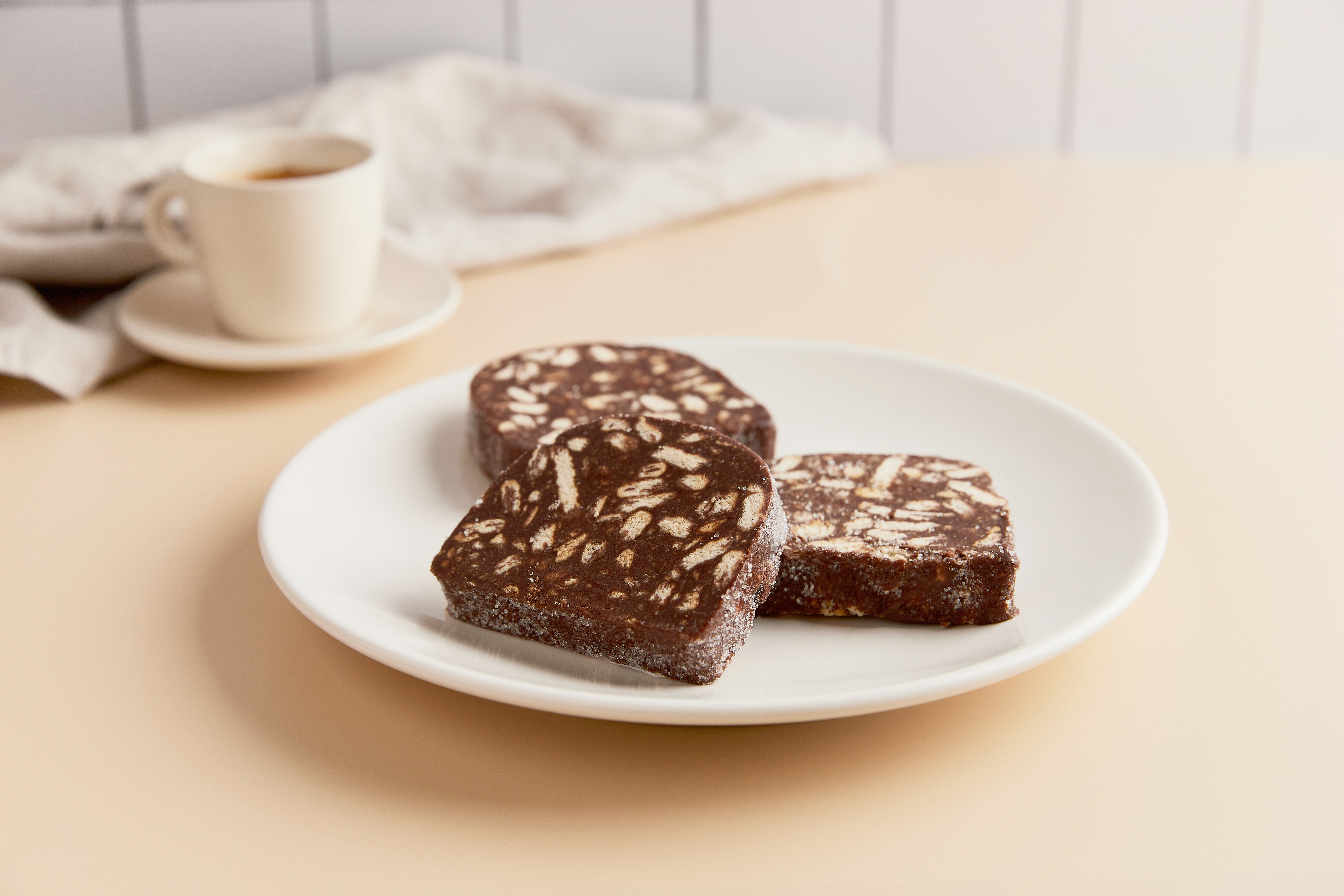 Sliced chocolate salami on a plate