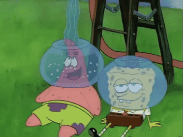 spongebob and patrick getting water poured into their bowls in sandy cheek&#x27;s dry dome