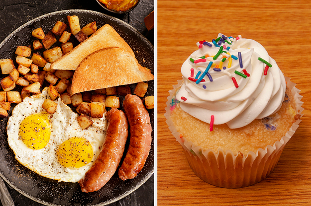 On the left, a plate with sausage, toast, fried eggs, and home fries, and on the right, a Funfetti cupcake
