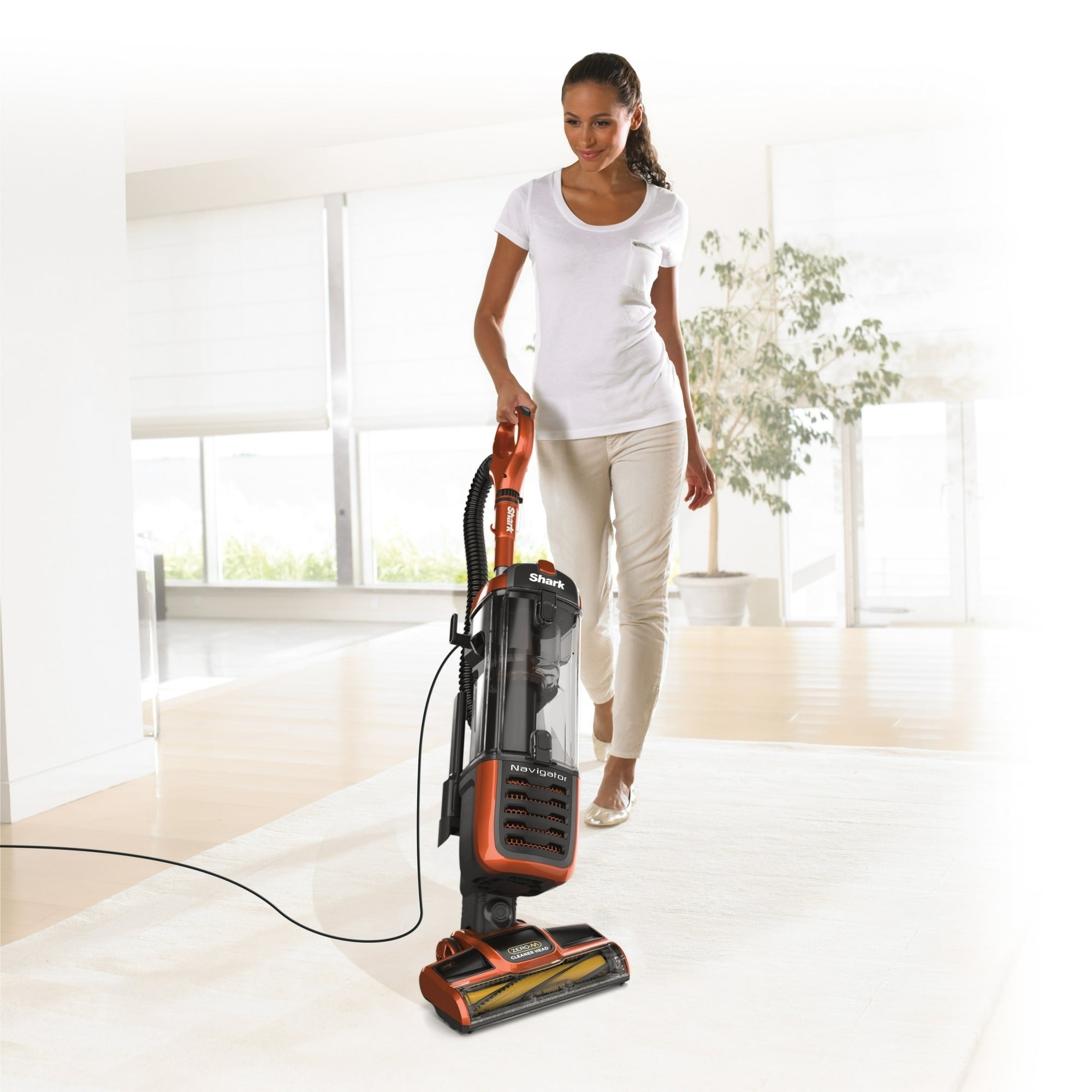 a model vacuuming a carpet