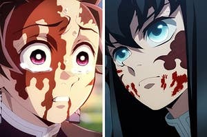 Left: A closeup of Tanjiro crying while he has blood splattered on his face; A closeup of Muichiro who has a stern expression and blood splattered on his face