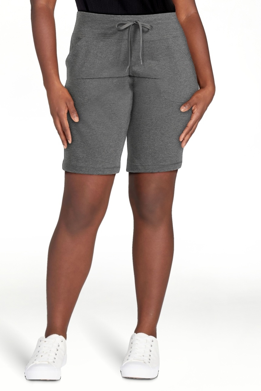 Model wearing the charcoal Heather gray shorts