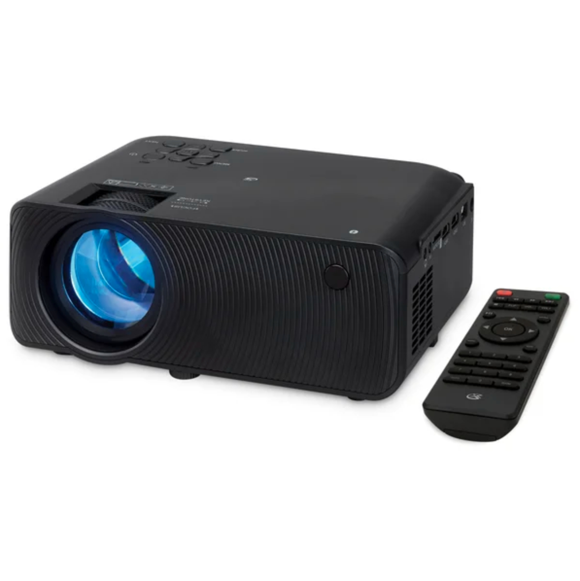 a black projector with a black remote on a white background