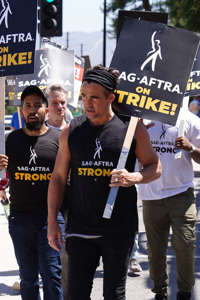 Closeup of Colin Farrell at the picket lines