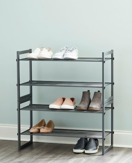 metal shoe rack with three shelves for shoes
