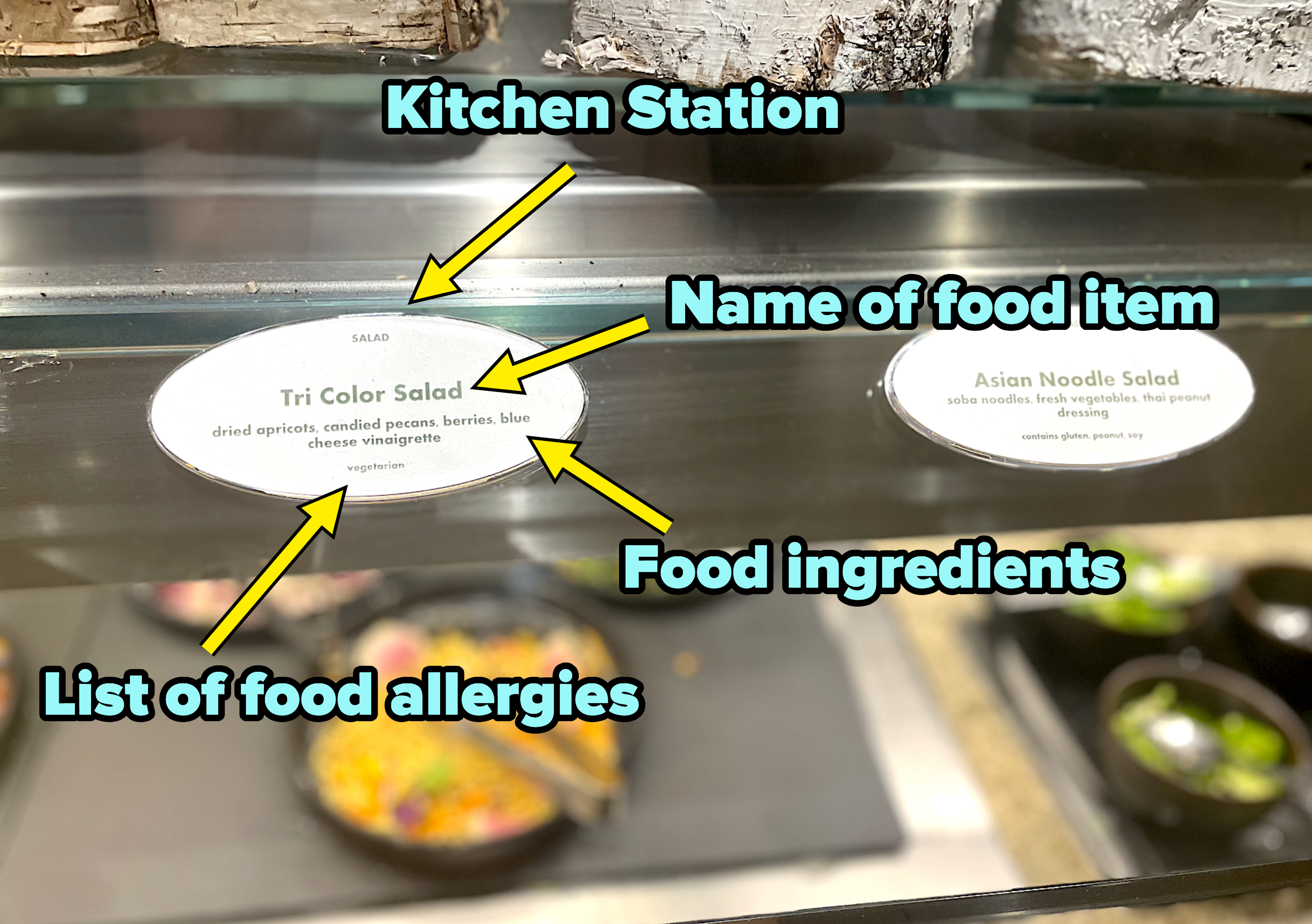 Baccahnal Buffet Food Labels, which include the kitchen station, name of the food item, the ingredients, and a list of potential allergies