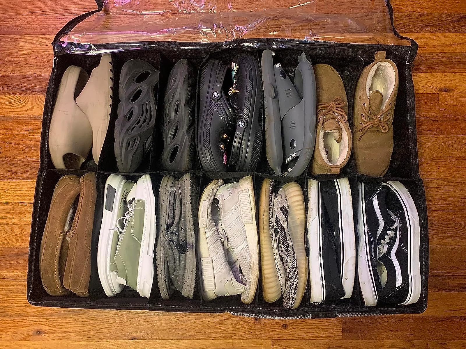 Reviewer image of shoe storage bag filled with their shoes