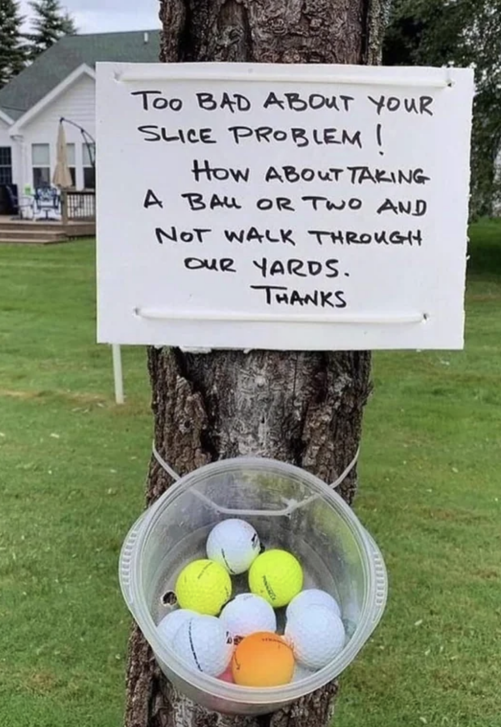 tub of balls posted on a tree with a sign reading sorry about your slice problem, take a ball or two and not walk through our yard