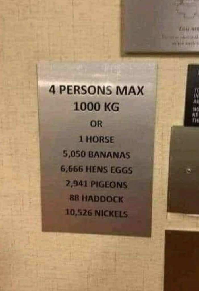 4 persons max, 1000 kilograms, 5,050 bananas, 6,666 hens eggs, 88 haddock