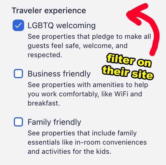 A screenshot from hotels.com of the LGBTQ filter