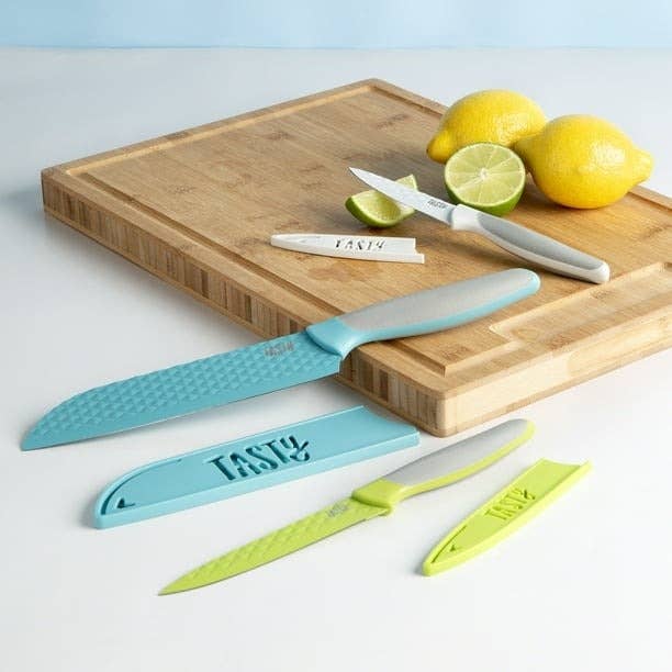 A set of knives on a counter