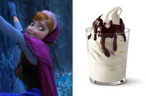 anna on the left and a chocolate sundae on the right