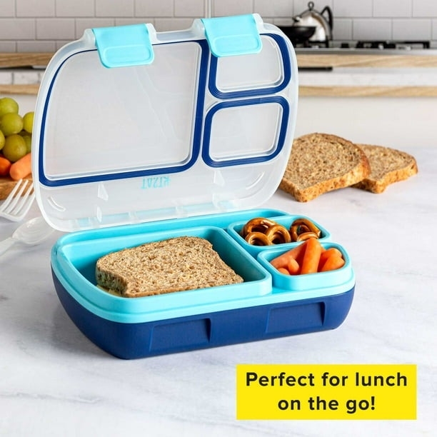 A bento box with food in it. Text reads perfect for lunch on the go