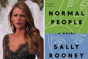 Serena from Gossip Girl has her brows furrowed, next to a separate image of the book cover for "Normal People" by Sally Rooney