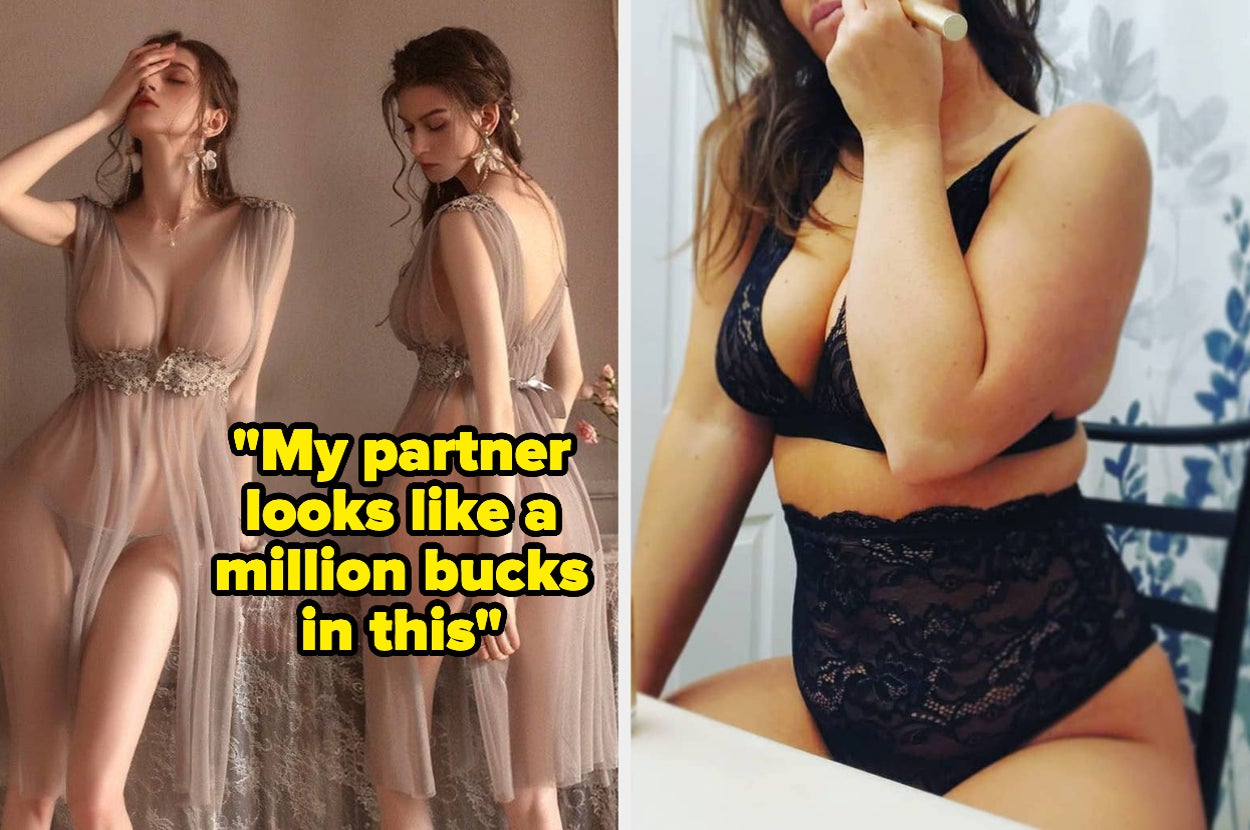 Model in sheer midi-length robe and reviewer wearing black lingerie set while putting on makeup