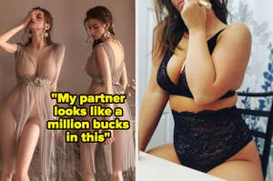 Model in sheer midi-length robe and reviewer wearing black lingerie set while putting on makeup