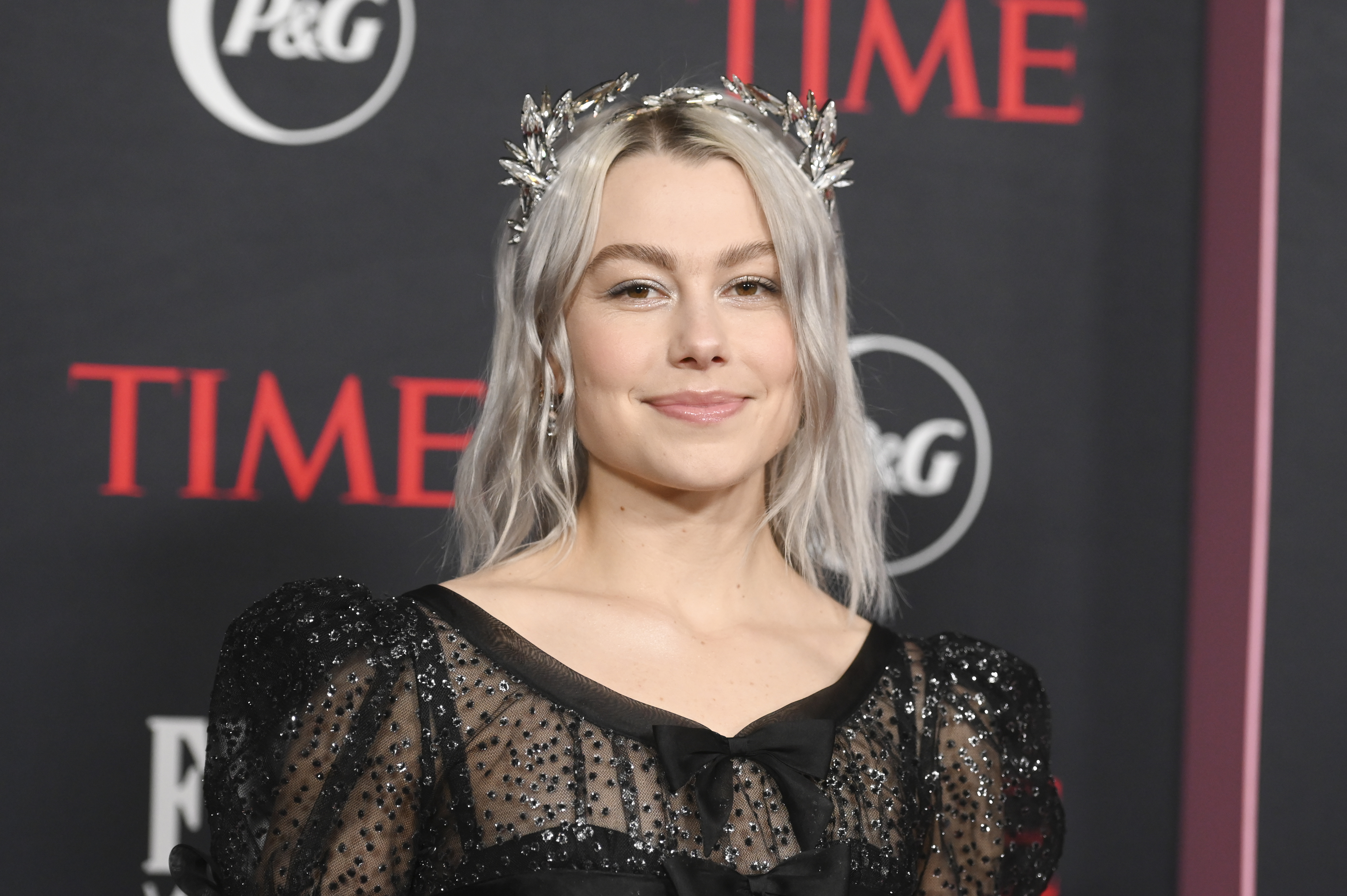 Close-up of Phoebe at a media event