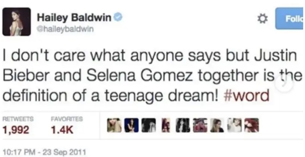 Screenshot of Hailey&#x27;s 2011 comment about Justin and Selena together being &quot;the definition of a teenage dream&quot;