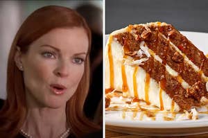 On the left, Marcia Cross as Bree on Desperate Housewives, and on the right, a slice of carrot cake