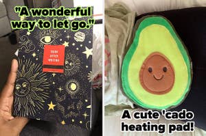 a hand holding the burn after writing book and text that reads "a wonderful way to let go"; a reviewer with an avocado shaped heating pad on their lower stomach