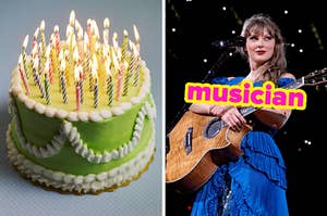 On the left, a birthday cake, and on the right, Taylor Swift holding a guitar on stage labeled musician