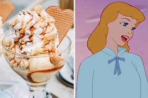 caramel ice cream sundae on the left and cinderella on the right