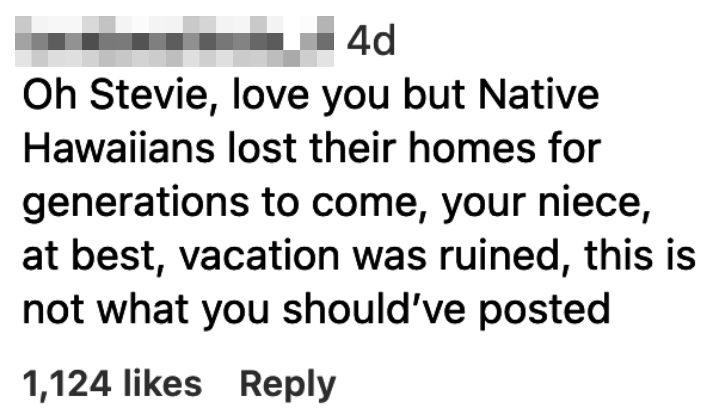 &quot;Oh Stevie, love you but Native Hawaiians lost their homes for generations to come, your niece, at best, vacation was ruined, this is not what you should&#x27;ve posted&quot;