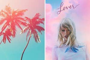 On the left, looking up at palm trees, and on the right, Taylor Swift on the Lover album cover