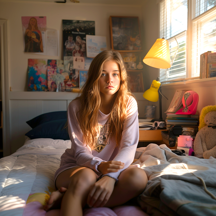 A young girl in her bedroom